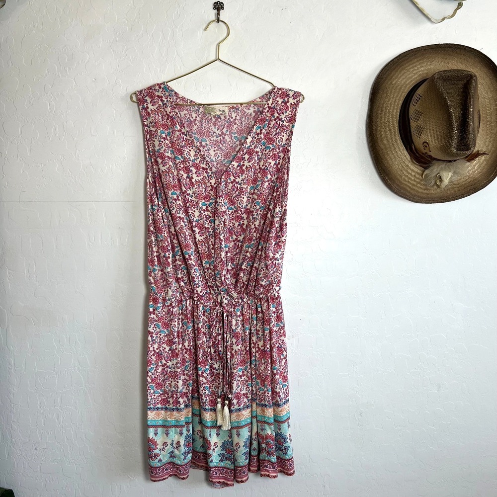 Sauci Plus Size 3X Boho Floral Sleeveless Romper Pink Turquoise Tassel Trim